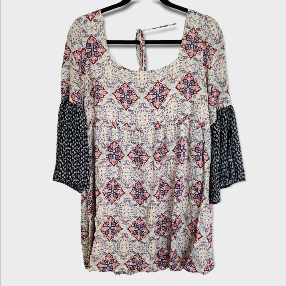 Umgee  Women’s Ivory & Navy 3/4 Split Bell Sleeve Boho Tunic Top SZ M